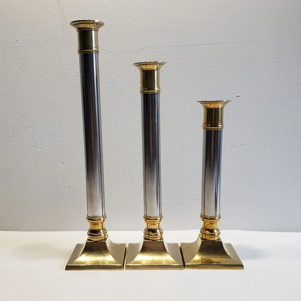 Candlestick Holders Brass Silver Mixed Metal Graduated Set of 3 Vintage